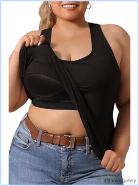 Plus Size Racerback Tank Top with Built-in Bra Curved Hem Ribbed Knit